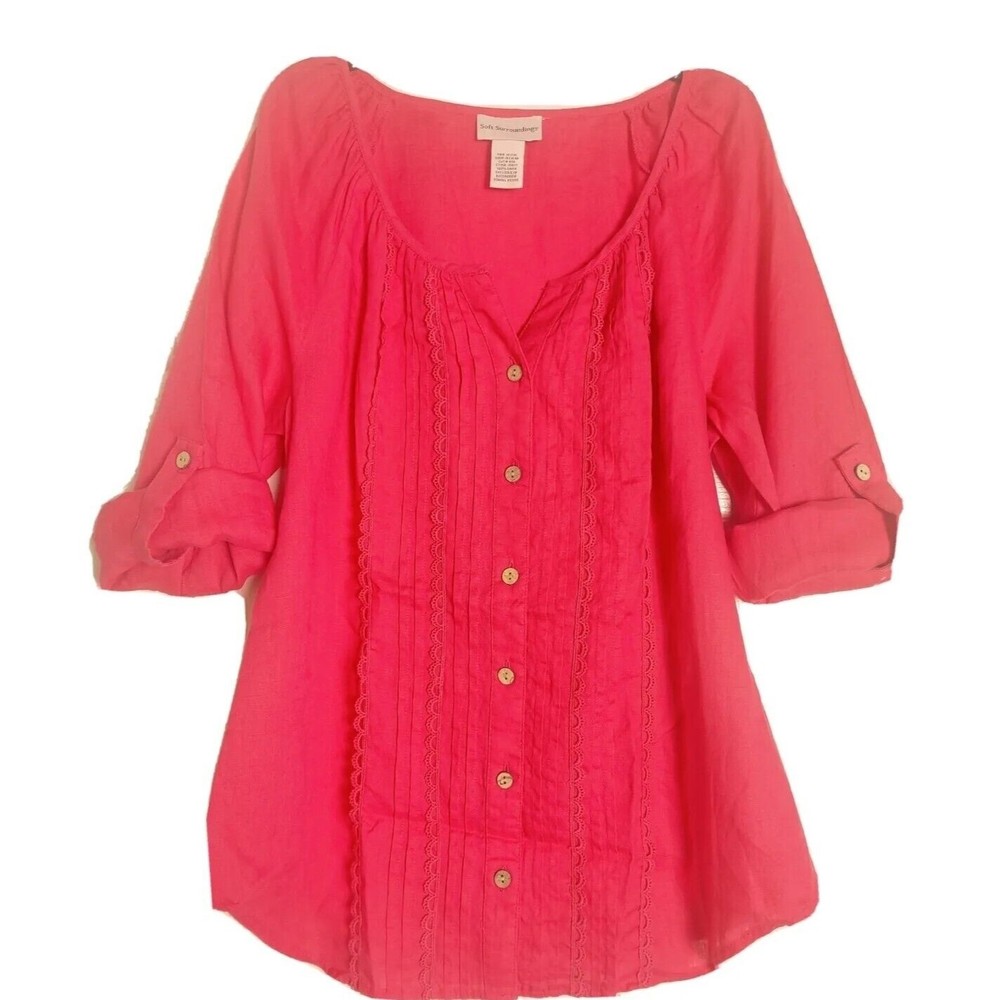 SOFT SURROUNDINGS PINK LINEN ROLL-TAB BLOUSE SIZE PETITE XS